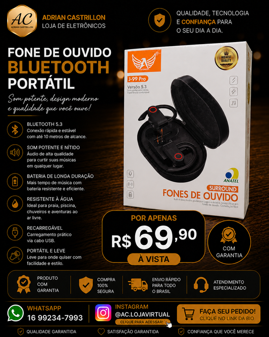 Fone de Ouvido Bluetooth J99 Pro