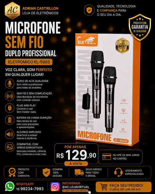 Microfone Sem Fio Duplo Eletro EL-5005